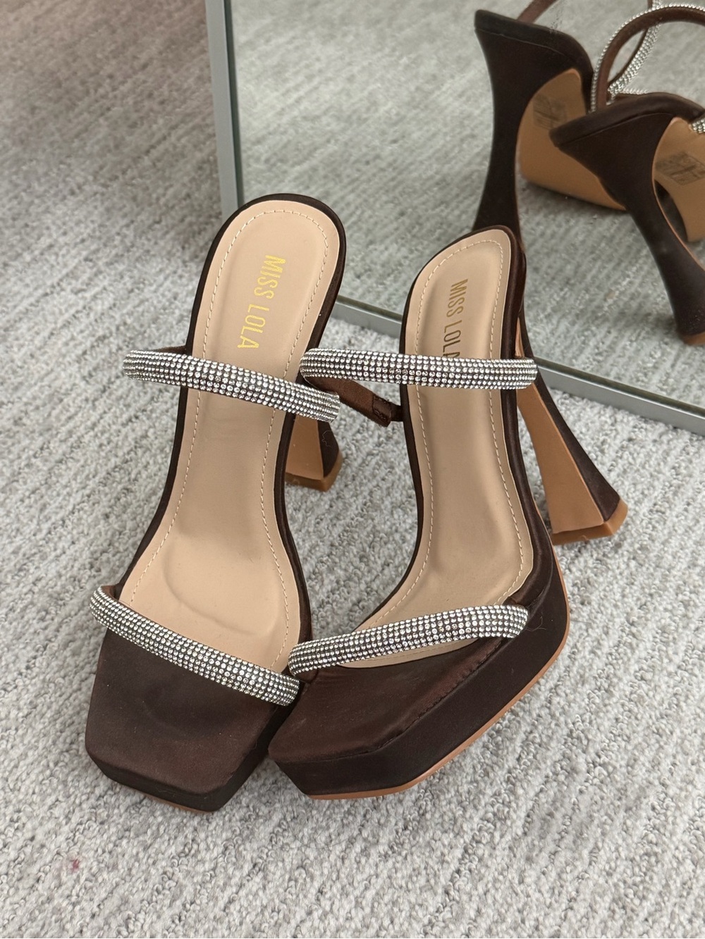 Miss Lola Chocolate Brown Satin Heels with Rhinestone Double Straps